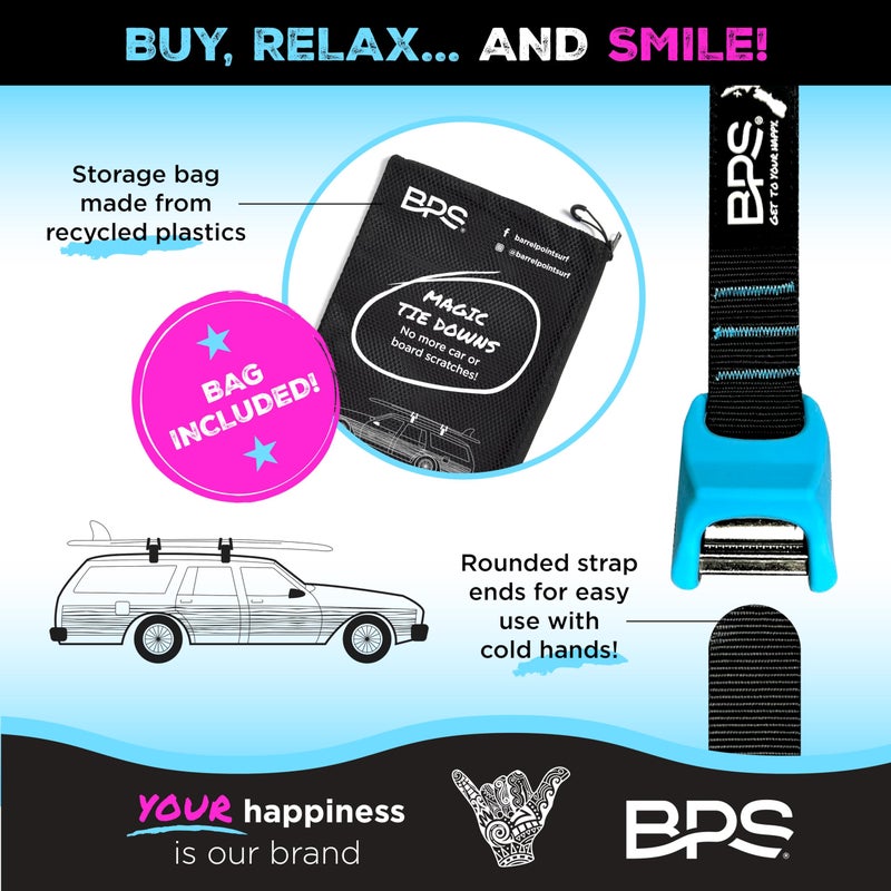 BPS â€˜Magicâ€™ Tie Down Straps for Roof Rack - â€˜No Scratchâ€™ 15 feet Tie Downs 2-Pack Surfboard Straps Silicone Buckle Cover with Storage Bag Made from Recycled Plastics â€“ SUP Kayak Canoe Paddle Board - Image 4